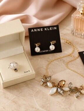 Anne Klein Gold Pearl Earring & Necklace Set - Kim Rogers Size 8 Pearl Ring Set